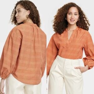 A New Day Sz S Peasant Puff Sleeve Blouse Orange Plaid V Neck Top Cottagecore